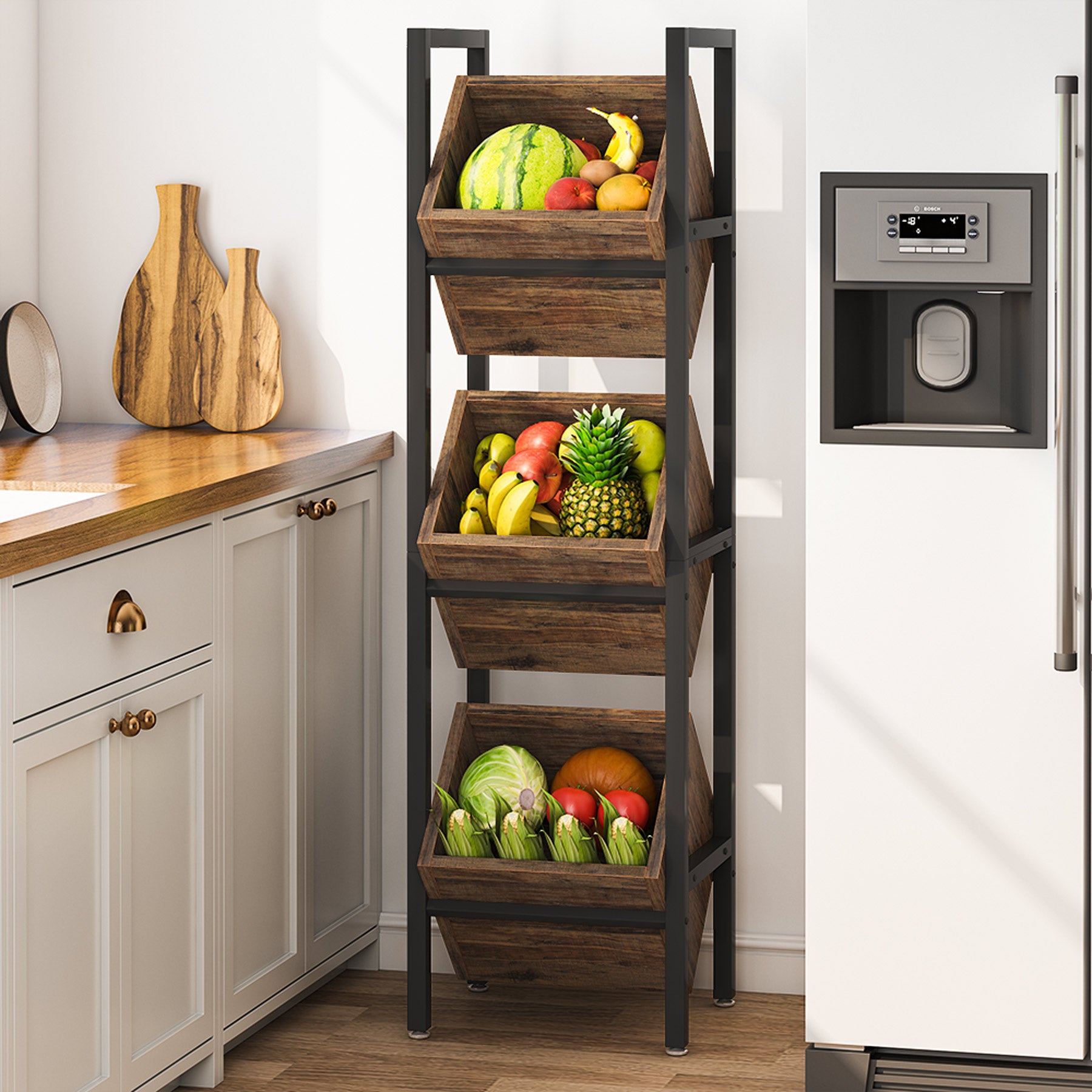 3 Tier Wine Rack Wood Basket Stand